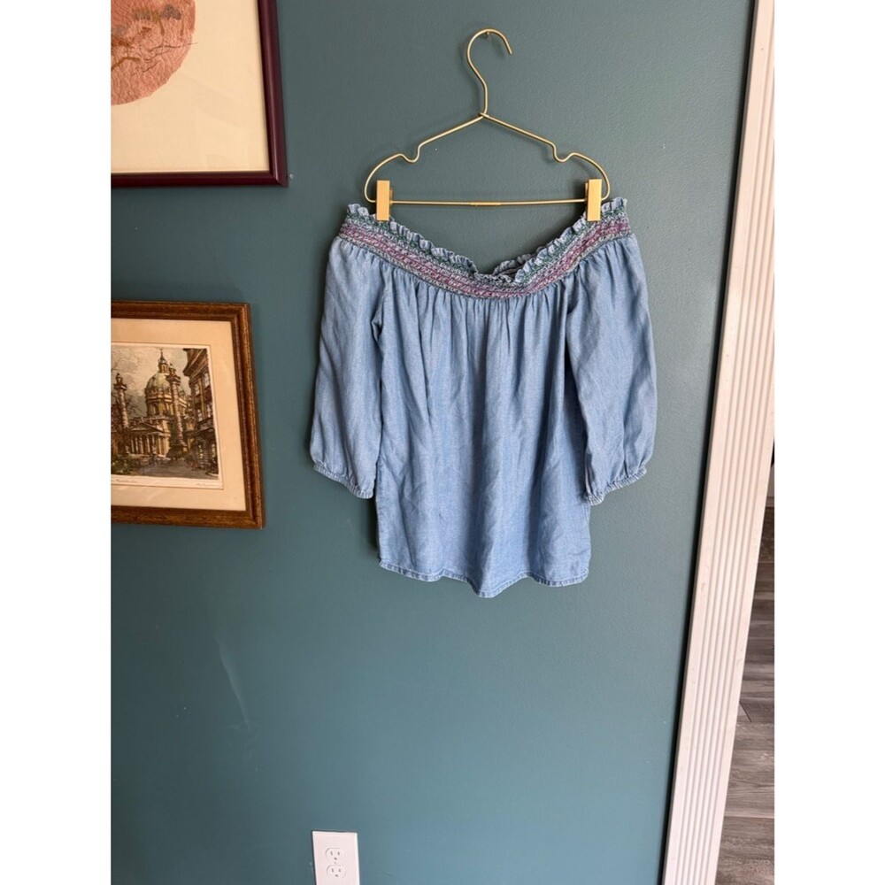 Harper Blue Off-Shoulder Top with Pink Embroidered Trim